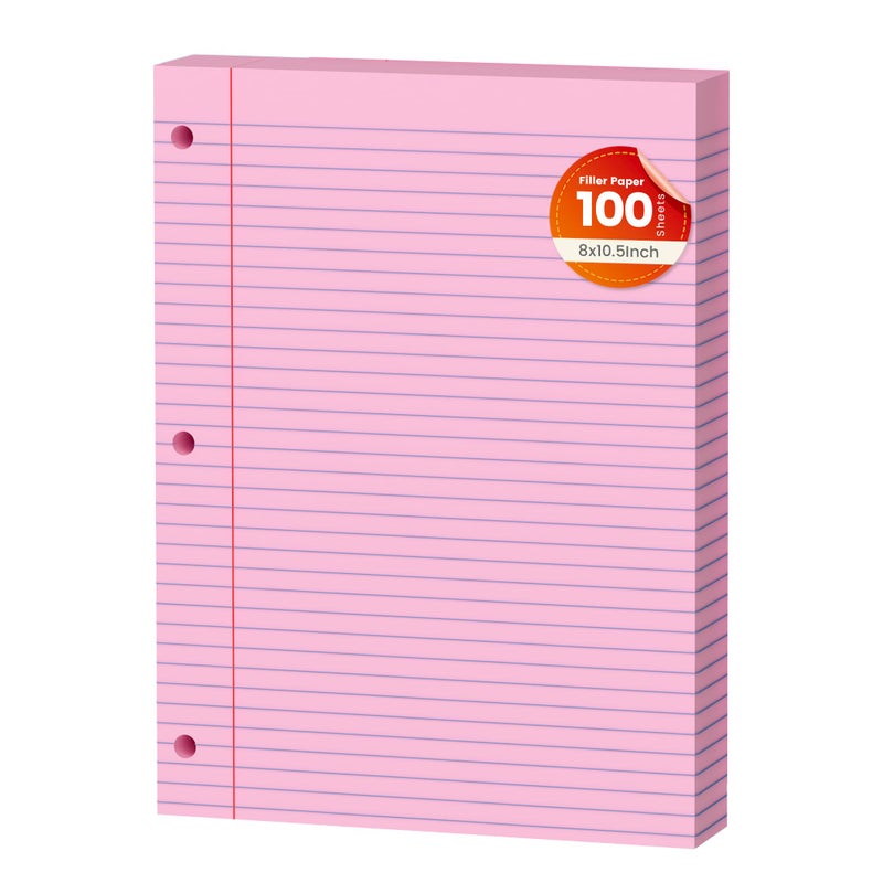 AILZFEI Pink Loose Leaf Paper 100 Sheets Colored Filler Paper 8 * 10.5 College Ruled 3-Hole Punched Paper for 3-Ring Binders Notebook Lined 8"" x 10.5"" - Image 1